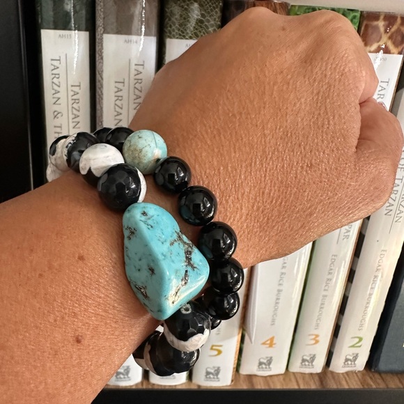 BLACK/WHITE AGATE + ONYX NATURAL BRACELET size 7”set of 2 - Picture 7 of 9